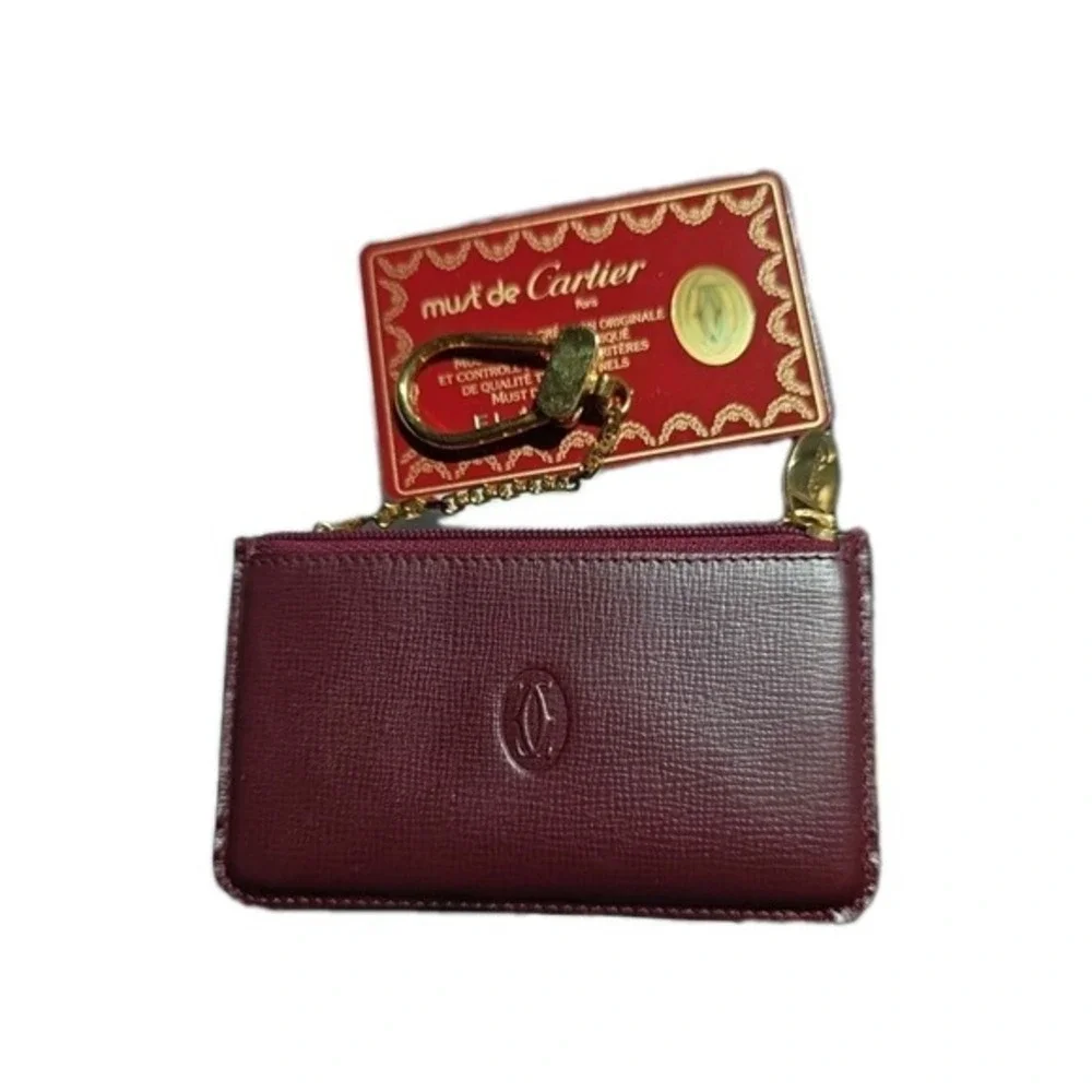 Cartier Burgundy Leather Key Cle Chain Card Holder Pouch Mini Burgundy Red Brown